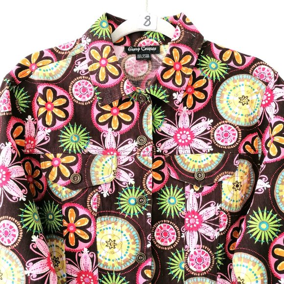 Gandy Couture Womens Brown Collared Front Pocket Floral Casual Jacket Size L - Picture 2 of 6
